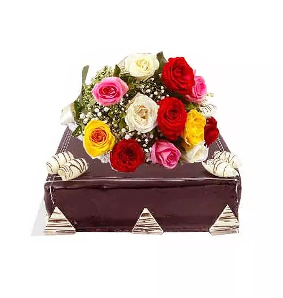 Surprising Multicolored Roses N Macquerie Chocolate Ganache Cake