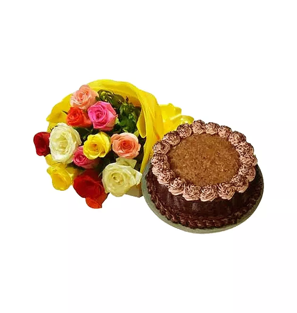 Chocolate-Flavored Chocolate Filling Cake and Multicolored Roses Bunch