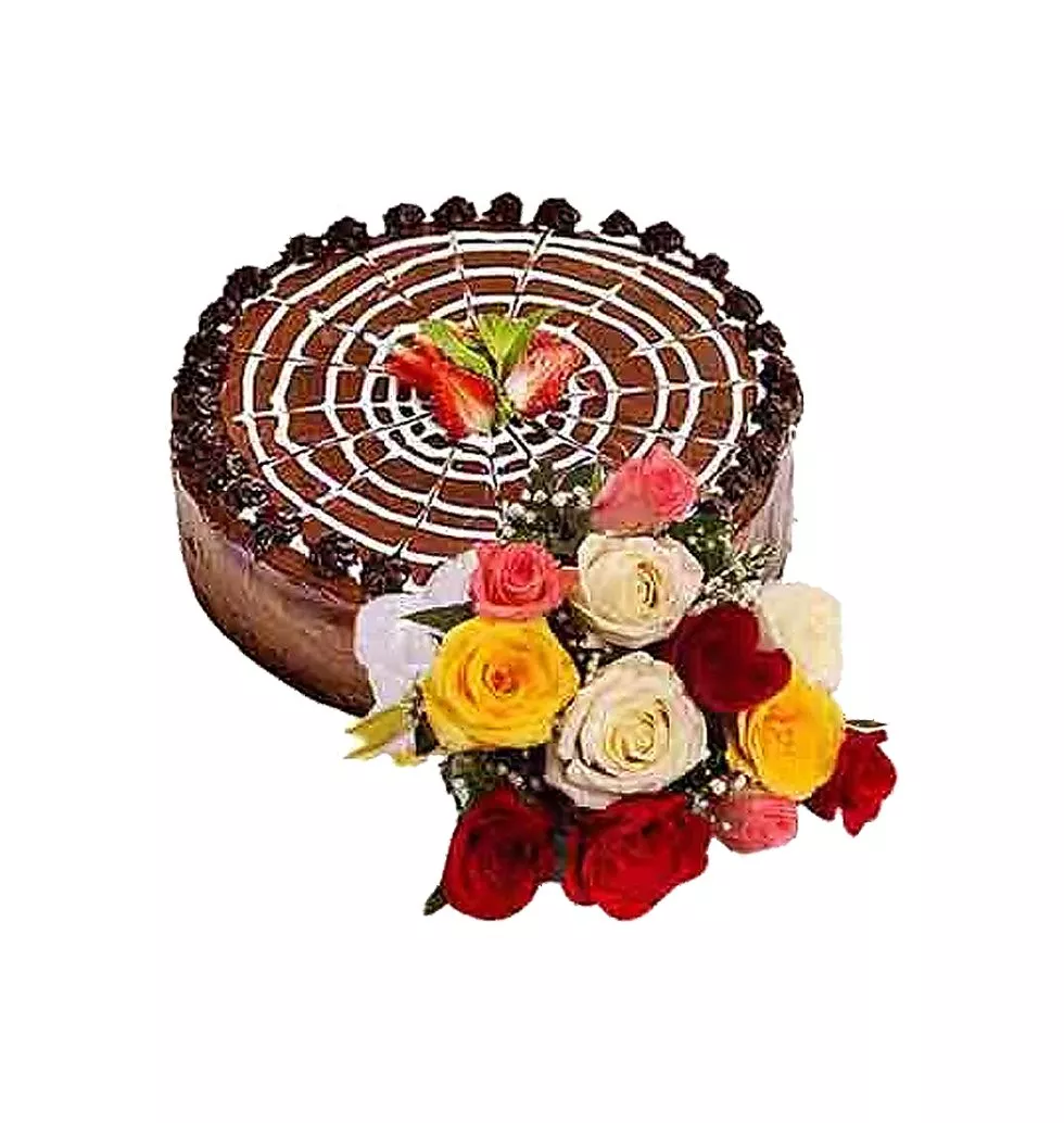 Caramelized Cherries N Nuts Chocolate Cake with Multicolored Roses