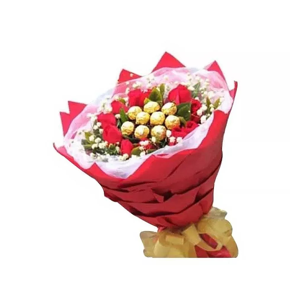 Artful Arrangement of 9 Ferraro Rocher with 12 Roses