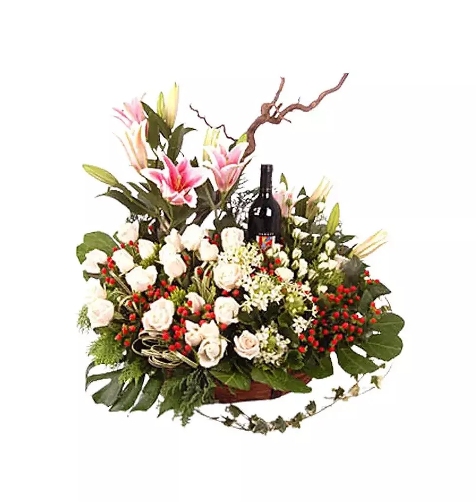 Wine with Roses Lilies Basket
