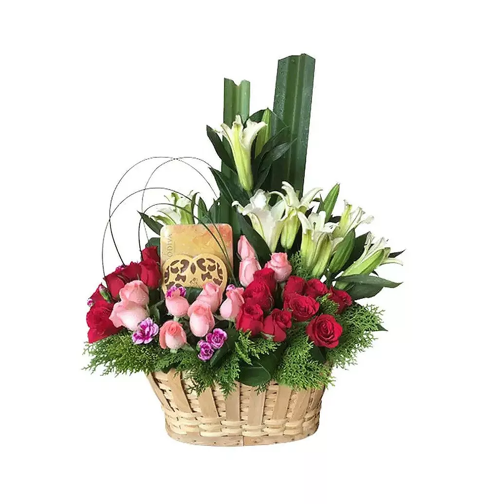 Flower basket with Godiva chocolates